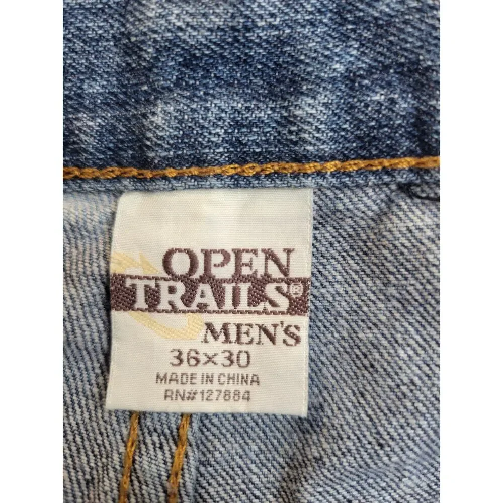 Open Trails Mens‎ 36x30 Distressed Bleach Splatter Denim Jeans Blue Workwear